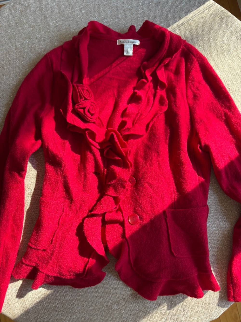 Susan Bristol Vintage Red Wool Ruffle Cardigan Romantic Rosette Accent Jacket